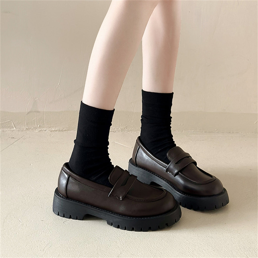 New Chunky Heel Platform British Style Leather Shoes Women
